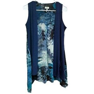 Logo Lounge Vest Women's Sz XS Indigo Multicolor Sheer‎ Back Watercolor Print